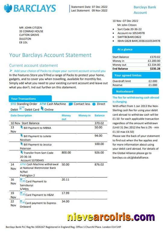United Kingdom Barclays bank account statement in Word and PDF format, version 1